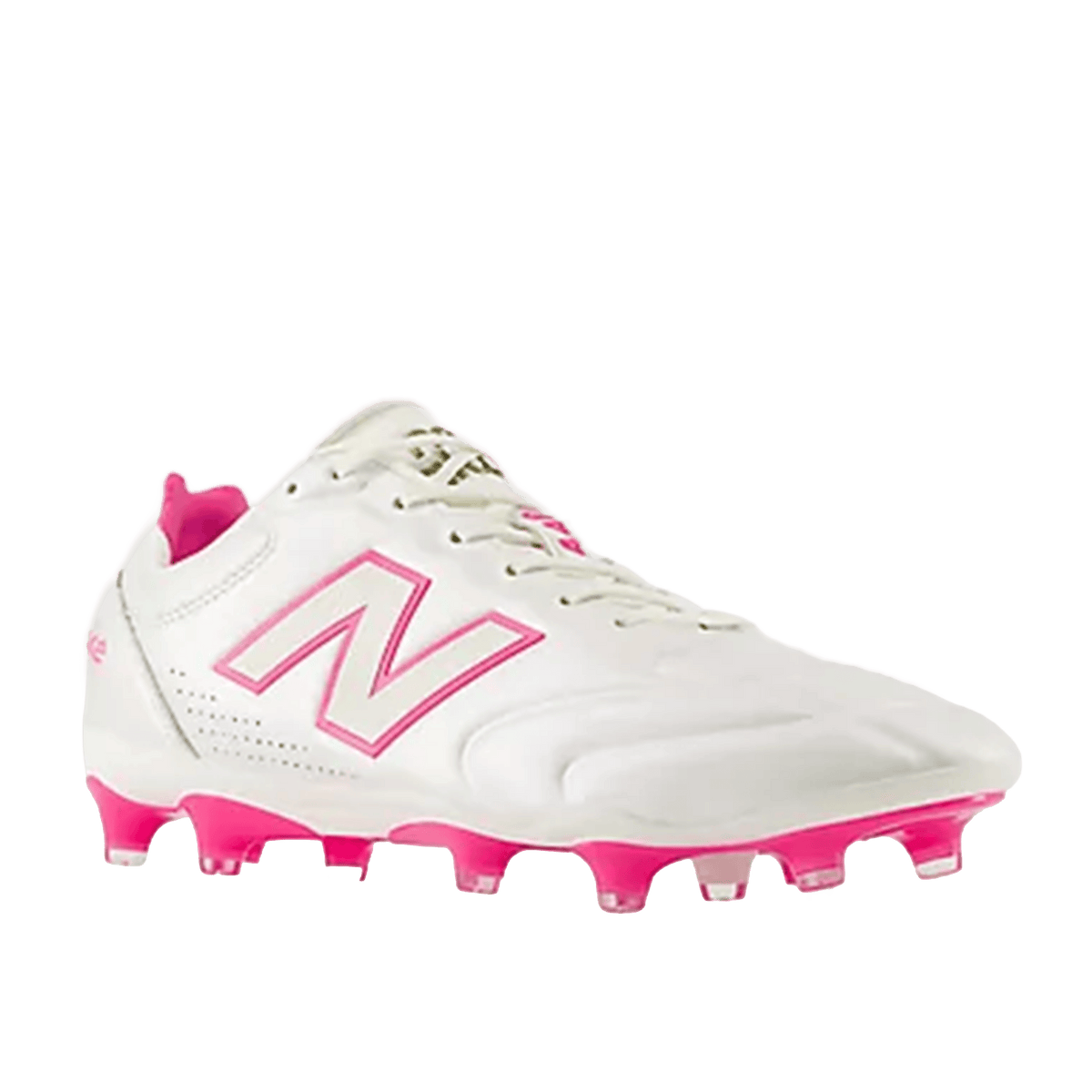 The New Balance Wide 442 Elite FG v3 in Sea Salt/Pink Heat, a white soccer cleat with pink accents and studs for firm ground, is shown front-facing on a plain background—perfect for players needing wide football boots.