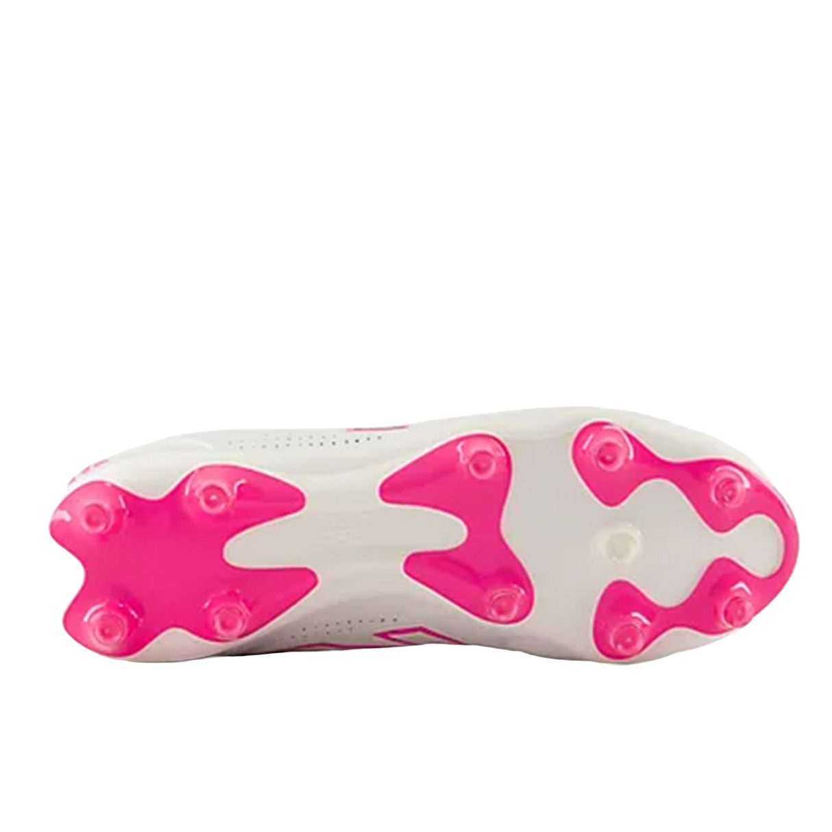 The sole and cleat layout of the New Balance 442 Elite FG v3 - Sea Salt/Pink Heat, a firm ground boot with pink accents, is displayed against a plain background.