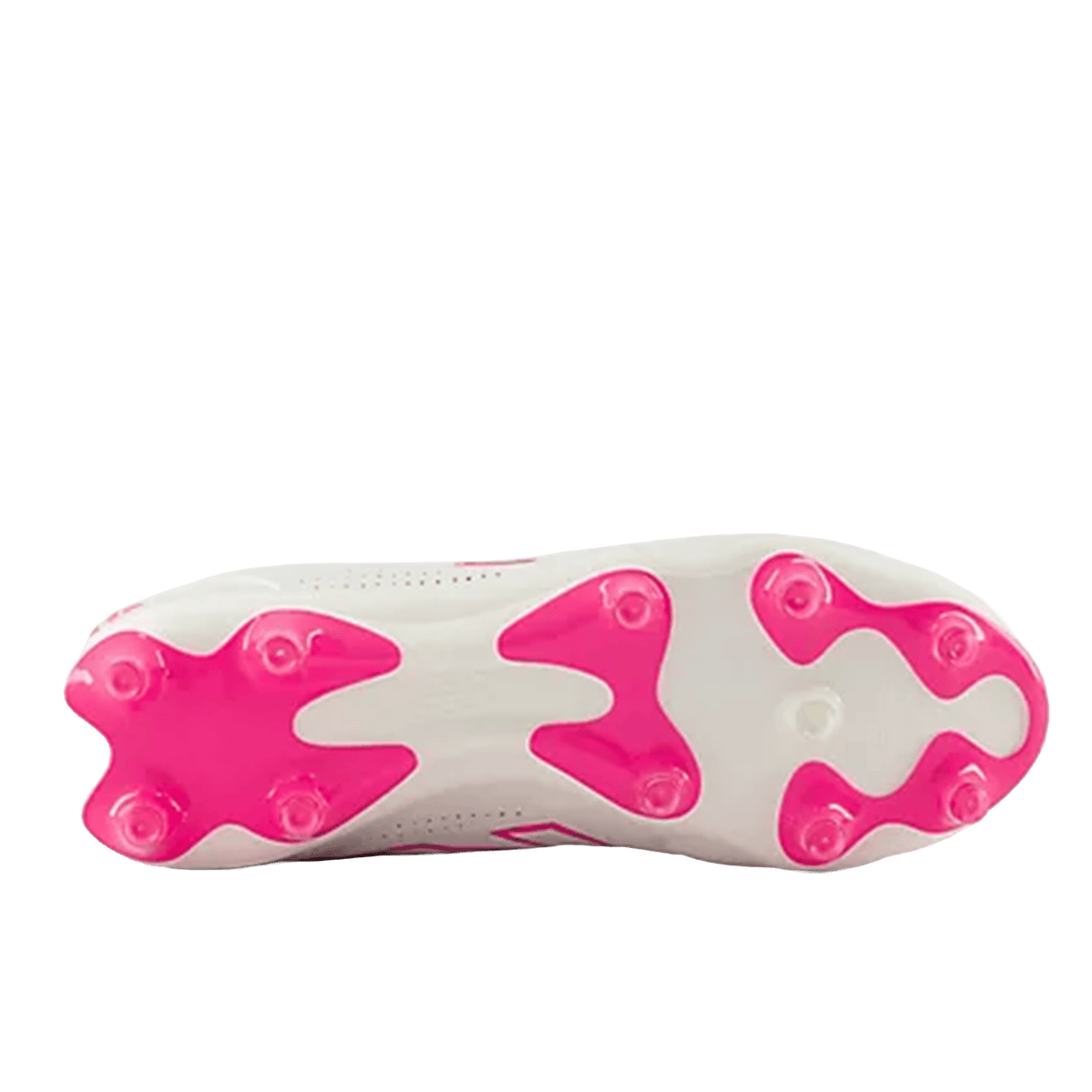 The sole and cleat layout of the New Balance 442 Elite FG v3 - Sea Salt/Pink Heat, a firm ground boot with pink accents, is displayed against a plain background.