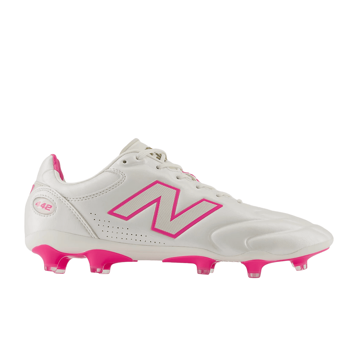 The New Balance Wide 442 Elite FG v3 football boots in Sea Salt/Pink Heat feature a wide fit, bold pink “N” logo and studs, and 442 branding—ideal for firm ground play.