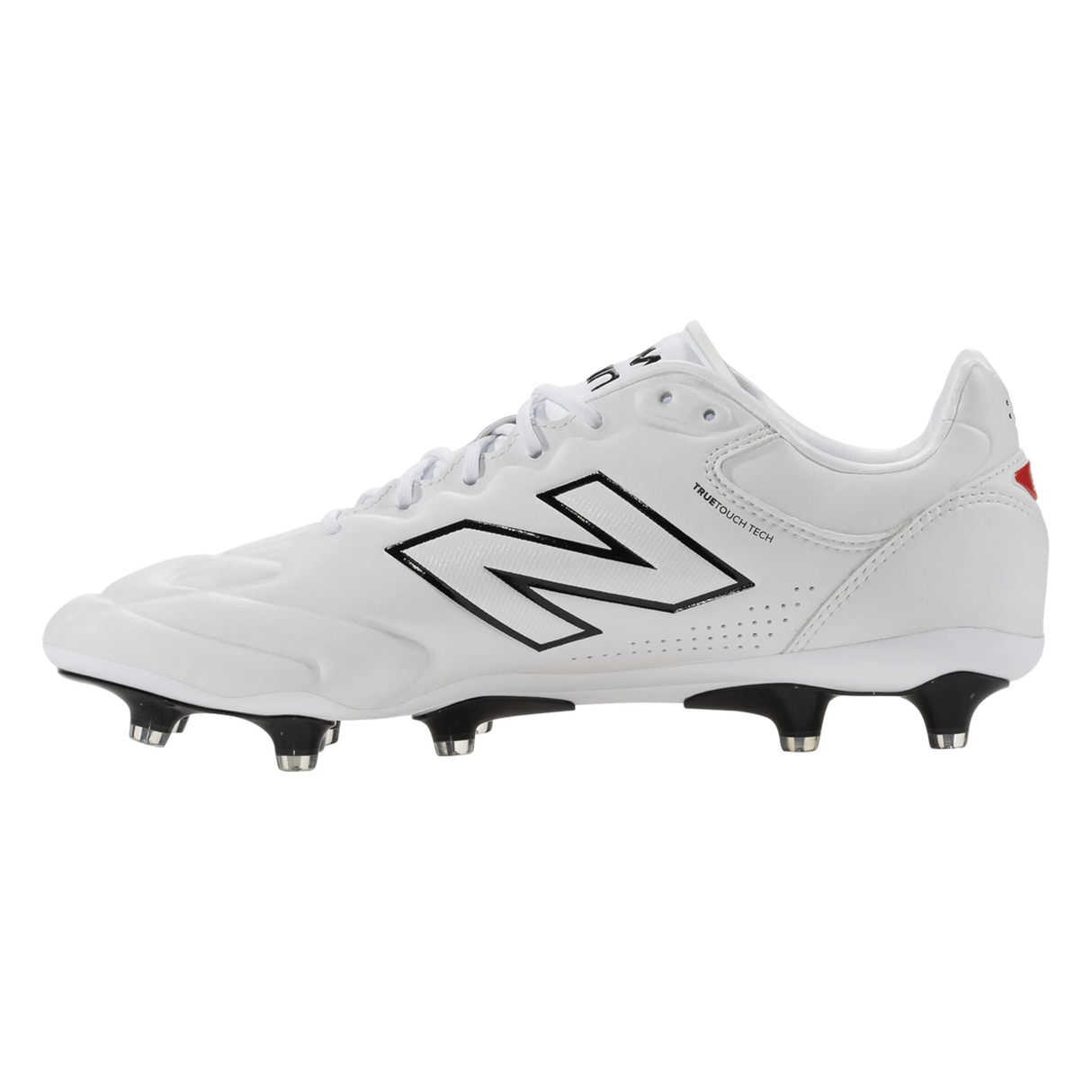 The New Balance 442 Elite FG v3 - White/Black soccer cleats feature a premium leather upper, lace-up design, black logo, and metal sole studs. Shown in side profile against a plain background.