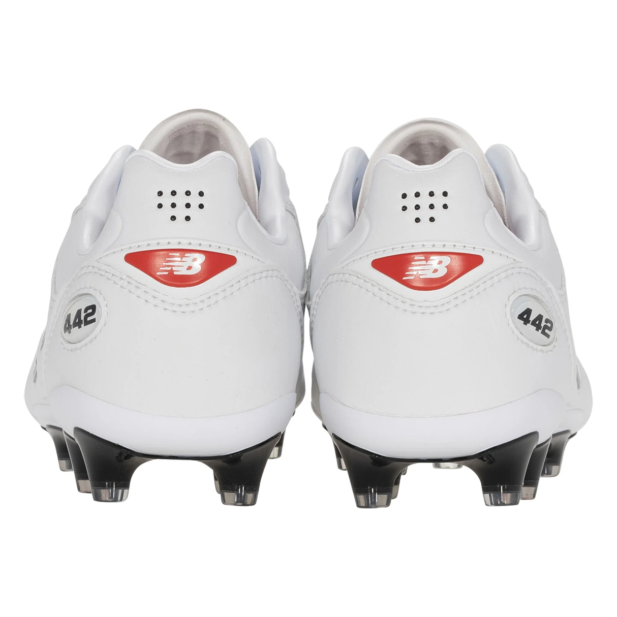 Rear view of New Balance 442 Elite FG v3 firm ground soccer cleats in white/black, featuring a premium leather upper, black studs, red NB logo, and small ventilation holes on the heels.