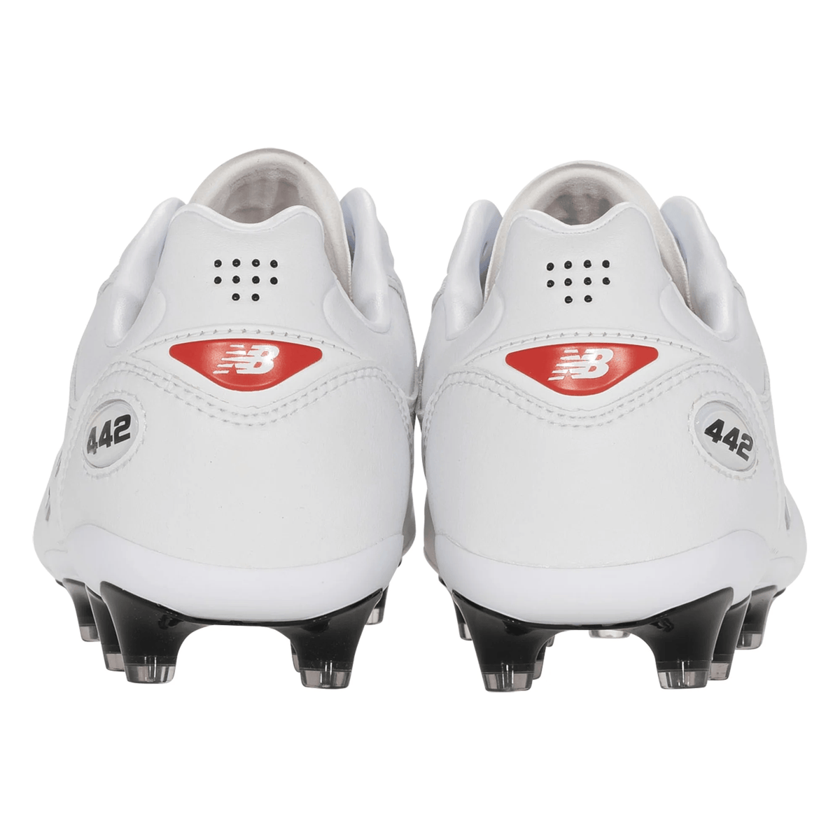 Rear view of New Balance Wide 442 Elite FG v3 boots in white/black, featuring black studs, red NB logos, and "442" on the sides.