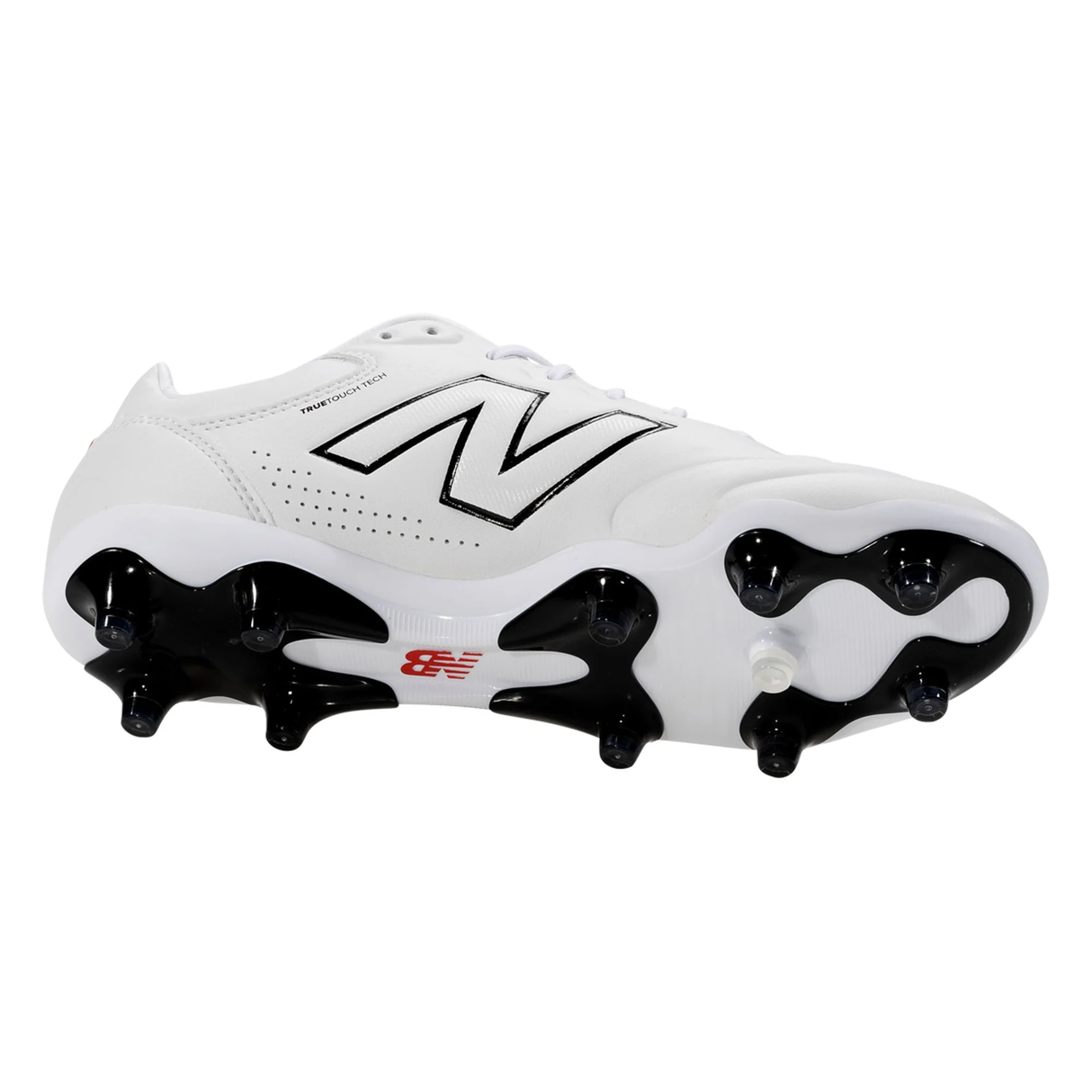 The New Balance Wide 442 Elite FG v3 - White/Black soccer cleats feature black and red accents, a studded sole for traction, and are designed for elite performance on firm ground. Shown from side and bottom angles.