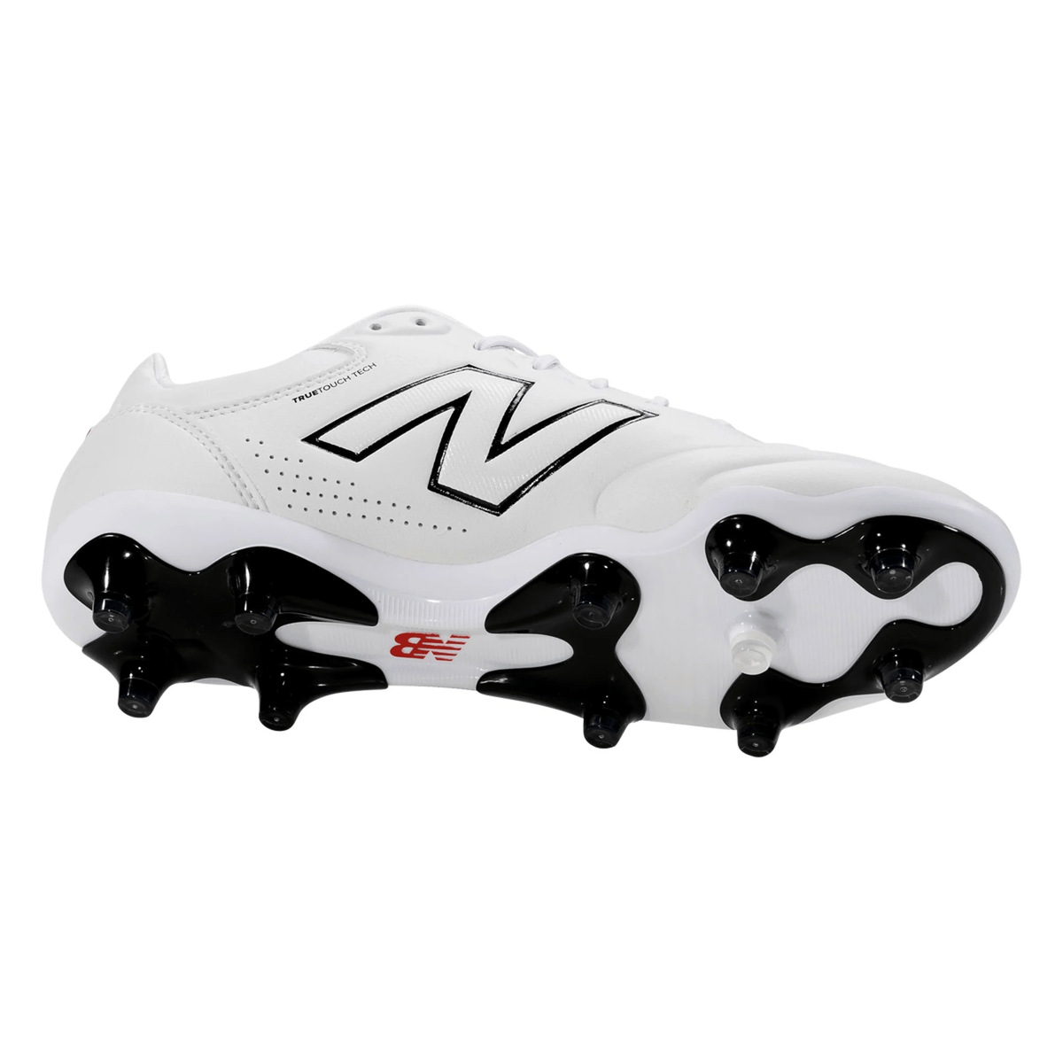 The New Balance Wide 442 Elite FG v3 - White/Black soccer cleats feature black and red accents, a studded sole for traction, and are designed for elite performance on firm ground. Shown from side and bottom angles.