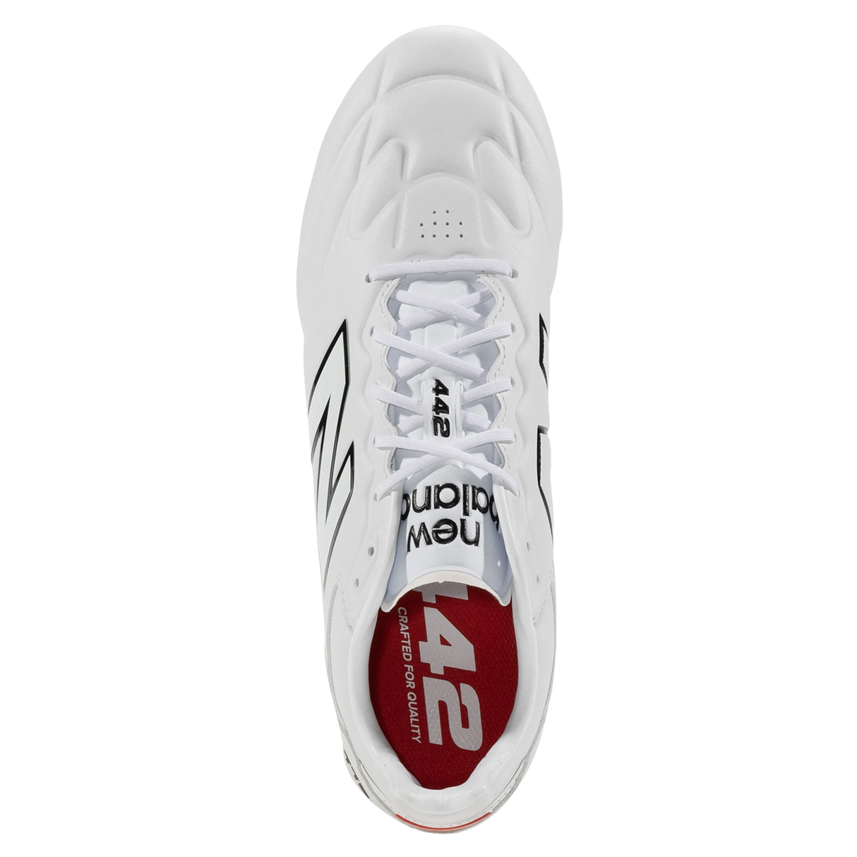 Top view of the New Balance 442 Elite FG v3 soccer cleat in white/black, featuring black detailing, a premium leather upper, and "442" with "catra for quality" text on the red insole.
