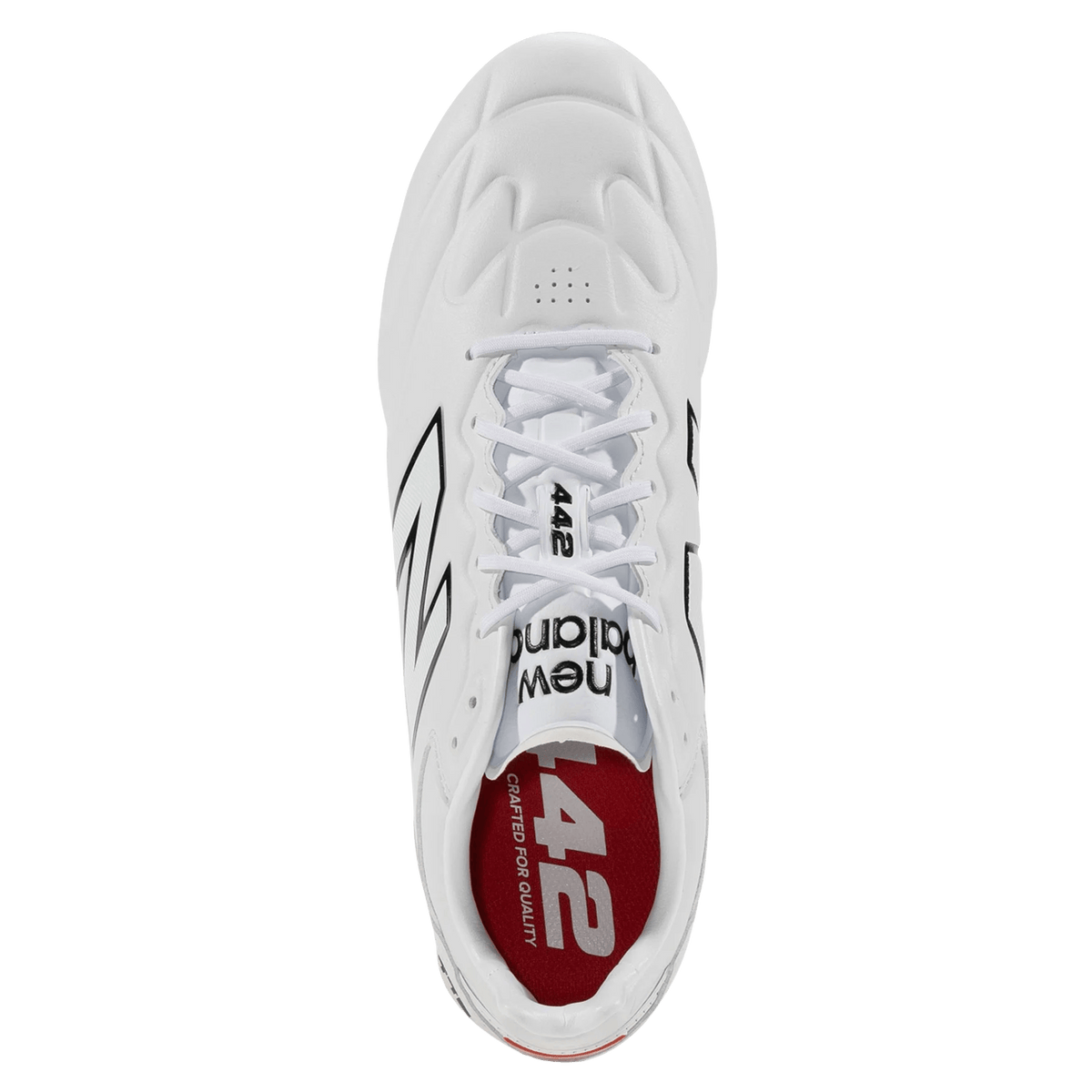 Top view of the New Balance Wide 442 Elite FG v3 - White/Black shows a white soccer cleat with black accents, a red insole marked "442," and visible New Balance branding—ideal for players needing wide firm ground boots.