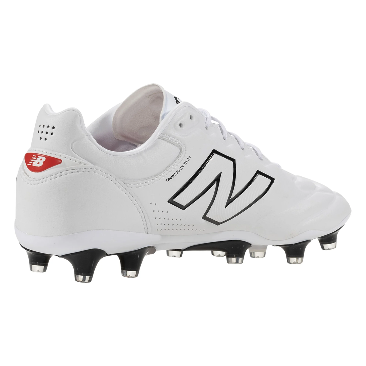 The New Balance 442 Elite FG v3 - White/Black features a premium leather upper, bold black "N" logo, red "NB" on the heel, and black studs—top-choice firm ground soccer cleats for elite performance.