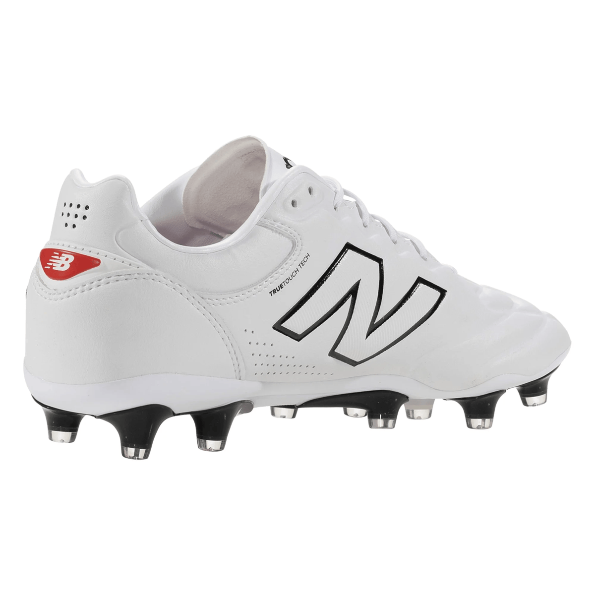The New Balance Wide 442 Elite FG v3 - White/Black boot features black studs, a black "N" logo, and a red NB logo on the heel, shown from a rear side angle.
