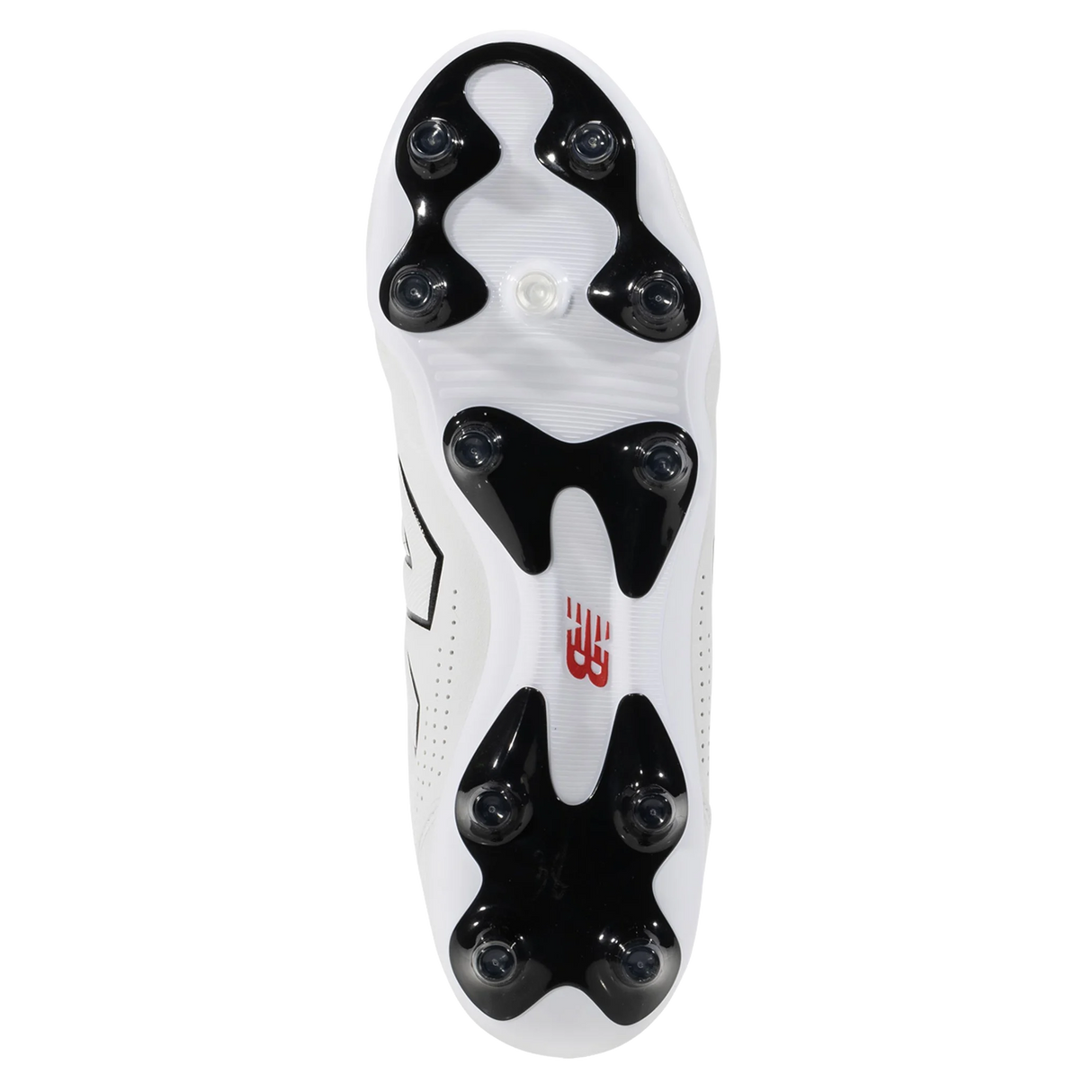 The underside of the New Balance 442 Elite FG v3 - White/Black soccer cleats features black and transparent studs and a central red New Balance logo.