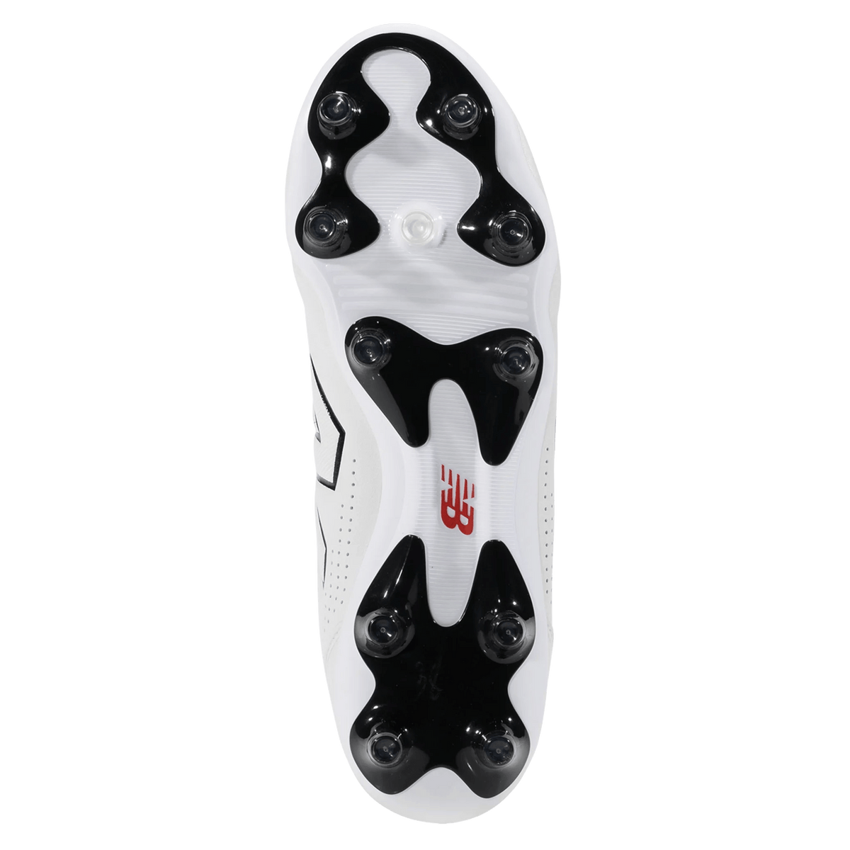 The underside of the New Balance 442 Elite FG v3 - White/Black soccer cleats features black and transparent studs and a central red New Balance logo.