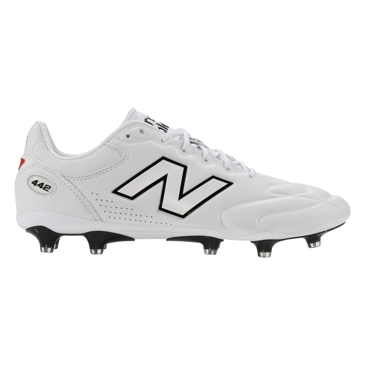 The New Balance 442 Elite FG v3 in white/black features a premium leather upper, metal studs for firm ground play, and "442" detailing near the heel—perfect soccer cleats for top performance.