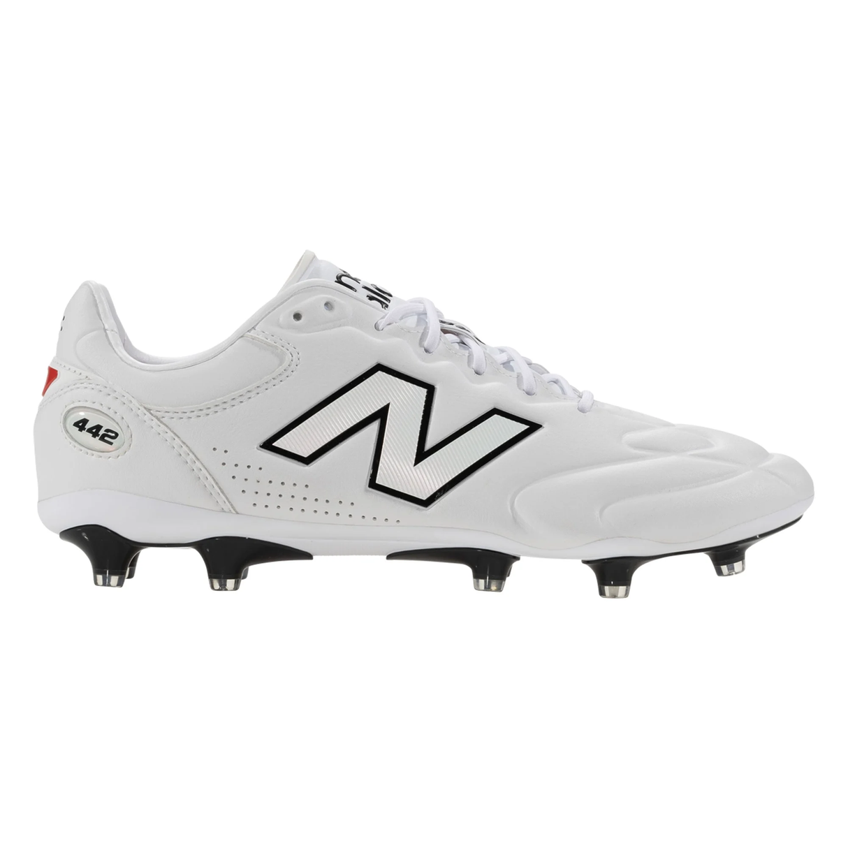 The New Balance Wide 442 Elite FG v3 - White/Black is a wide-fit soccer cleat featuring white uppers with black accents and “442” model detailing, offering comfort and performance on firm ground.