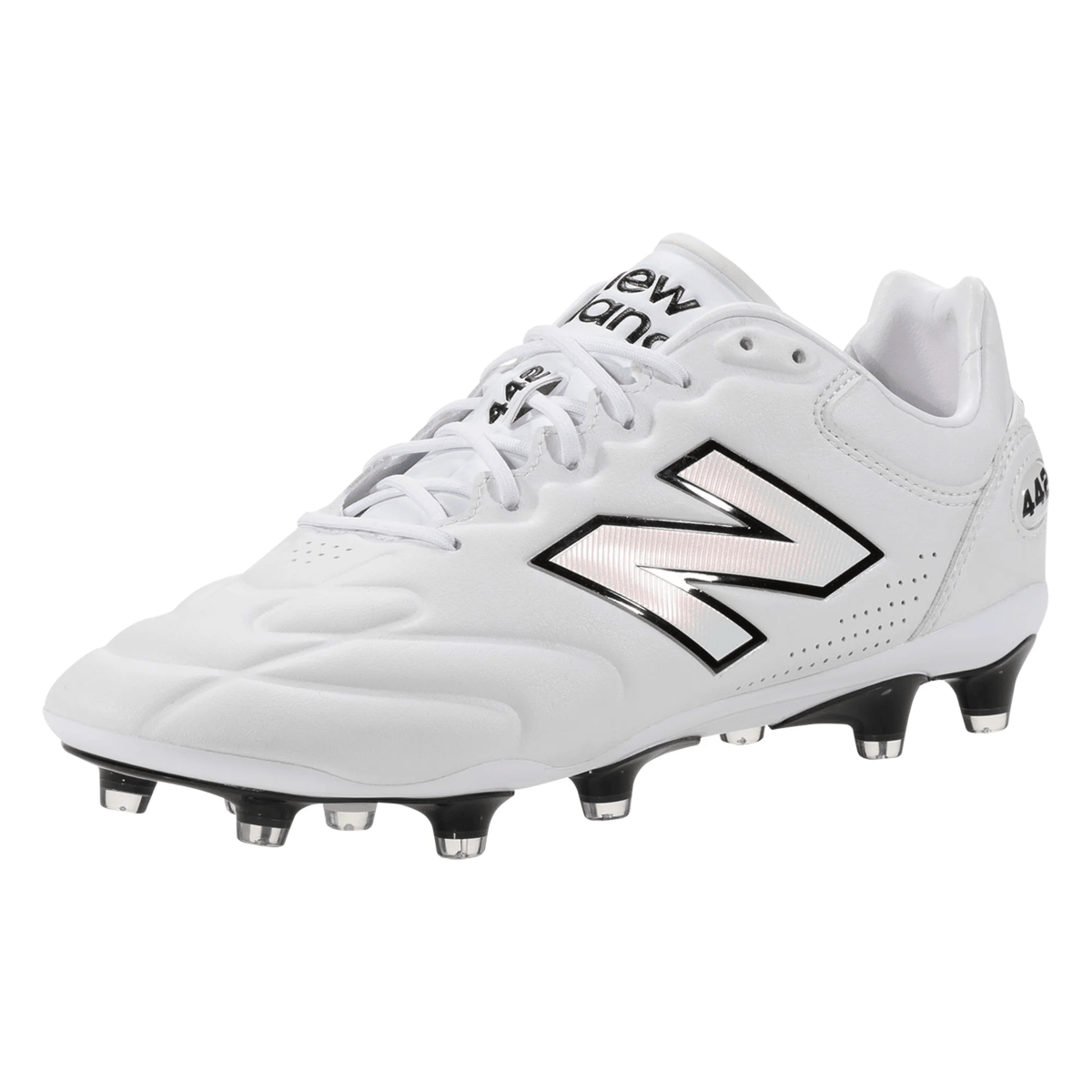The New Balance 442 Elite FG v3 soccer cleat in white with black accents features a premium leather upper and metal studs, shown on a plain background.
