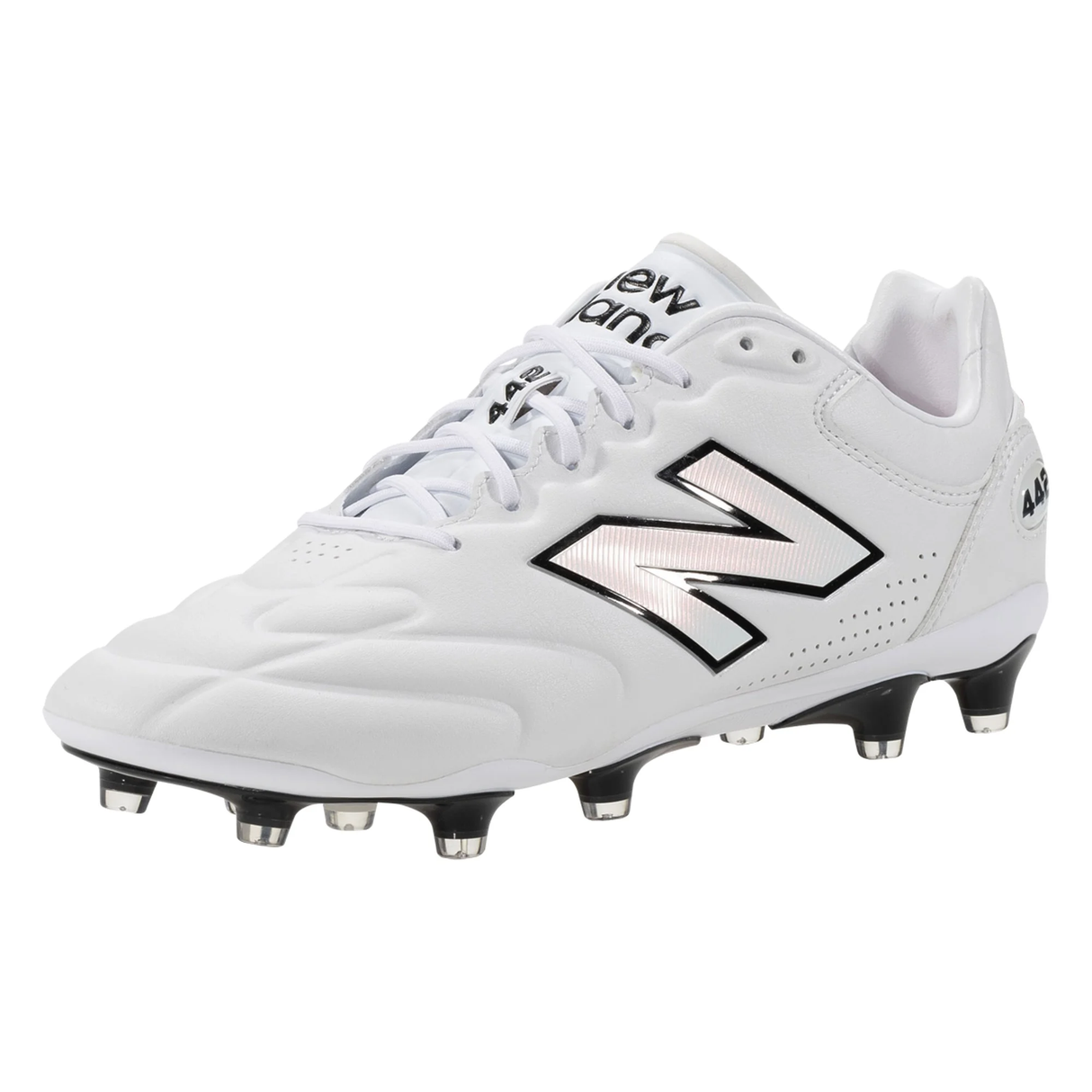 The New Balance Wide 442 Elite FG v3 - White/Black is a firm ground soccer cleat featuring black accents and metal studs, engineered for superior traction and performance on the pitch.