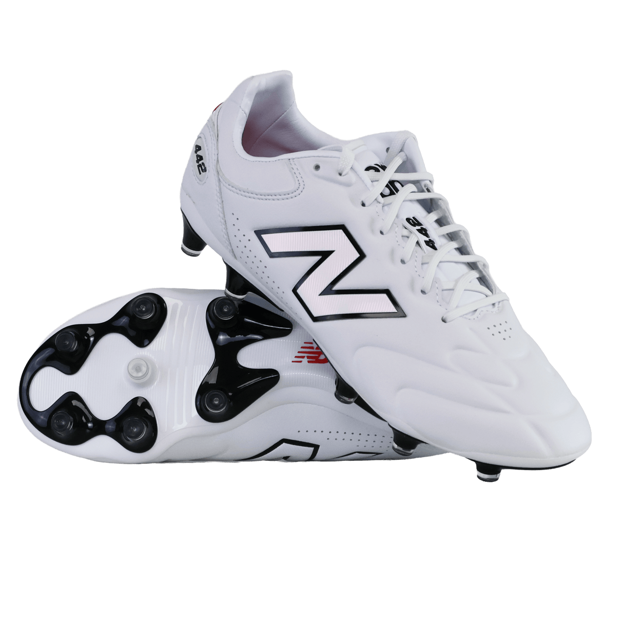A pair of New Balance Wide 442 Elite FG v3 soccer cleats in white/black—one upright and one showing the sole and studs—offer wide-fit comfort and reliable firm ground performance for players.