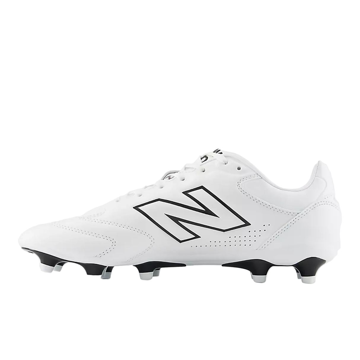 The New Balance 442 Pro FG v3 - White/Black is a firm ground soccer cleat featuring black accents, sole studs, and a prominent black "N" logo on the side.