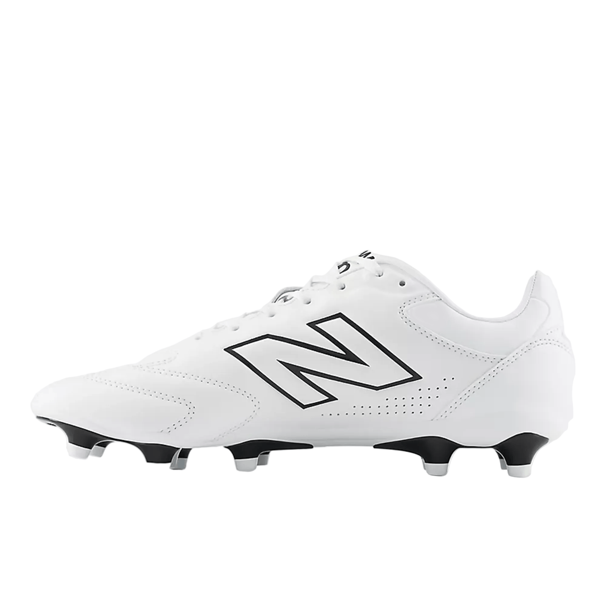 The New Balance 442 Pro FG v3 Rugby Boot in White/Black is shown in a side profile view on a white background. This boot features a white upper with black accents, showcases the New Balance logo, and is designed with a True Touch upper, six studs on the sole, and a lace-up closure.