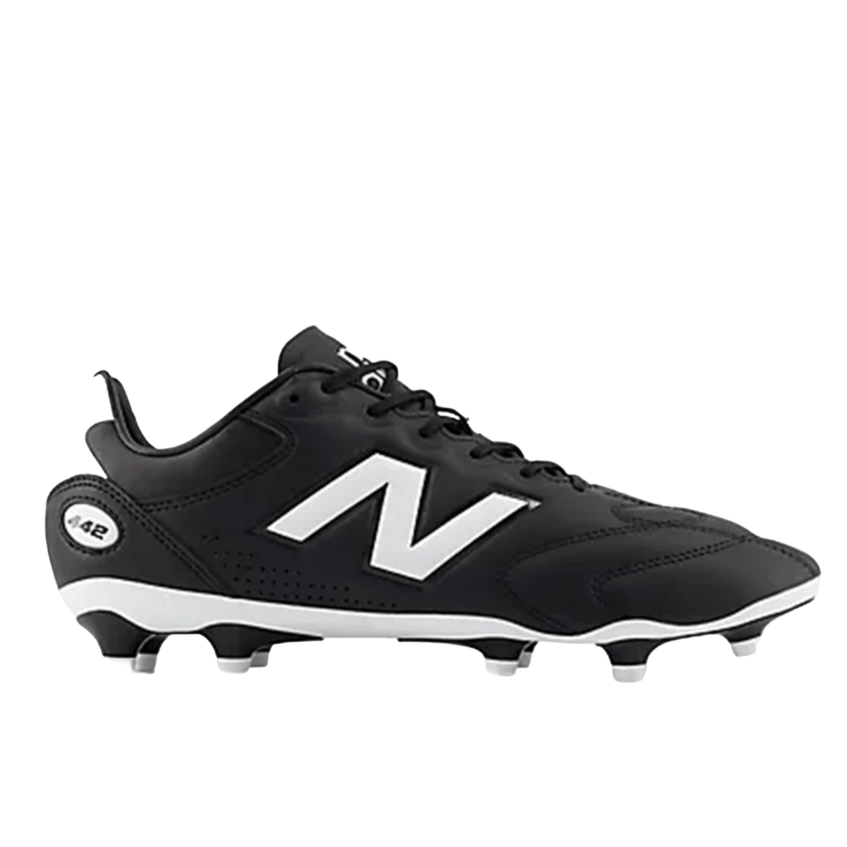 A side-view of the New Balance Wide 442 Pro FG v3 firm ground soccer cleat in black and white, featuring visible studs and a synthetic True Touch upper, shown on a plain white background.