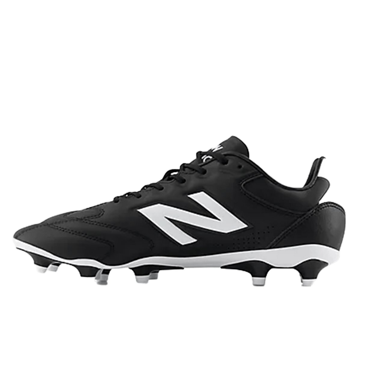 The New Balance 442 Pro FG v3 - Black/White soccer cleat features a large white "N" logo, white accents, and molded studs for firm ground play.