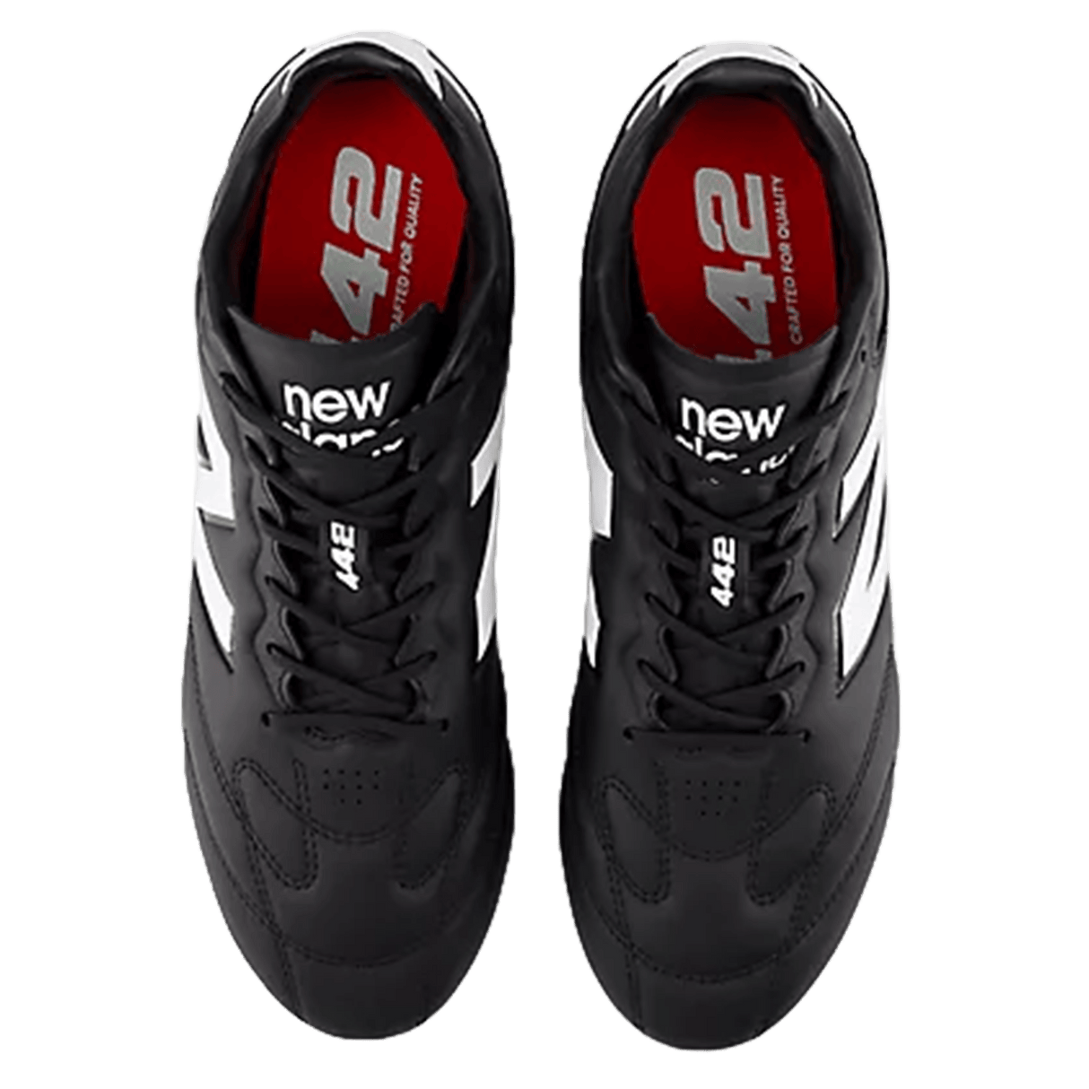 A pair of New Balance Wide 442 Pro FG v3 soccer cleats in black/white, shown from above. The red insoles read "442" and "crafted for quality." Features a synthetic True Touch upper.