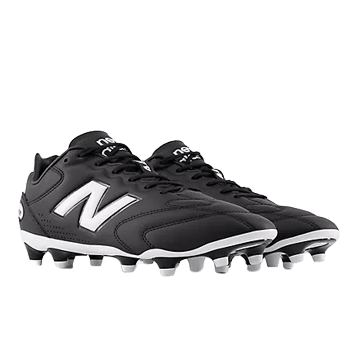 A pair of New Balance Wide 442 Pro FG v3 soccer cleats in black/white, featuring a synthetic upper and molded studs for firm ground, shown on a white background.