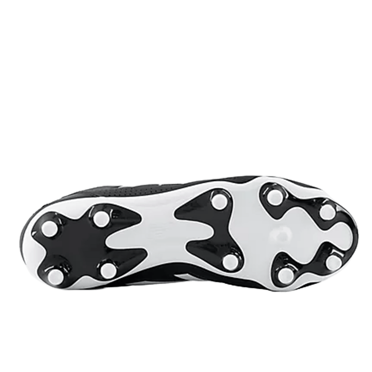 The underside of the New Balance Wide 442 Pro FG v3 in black and white features six studs and a contrasting wavy sole design.