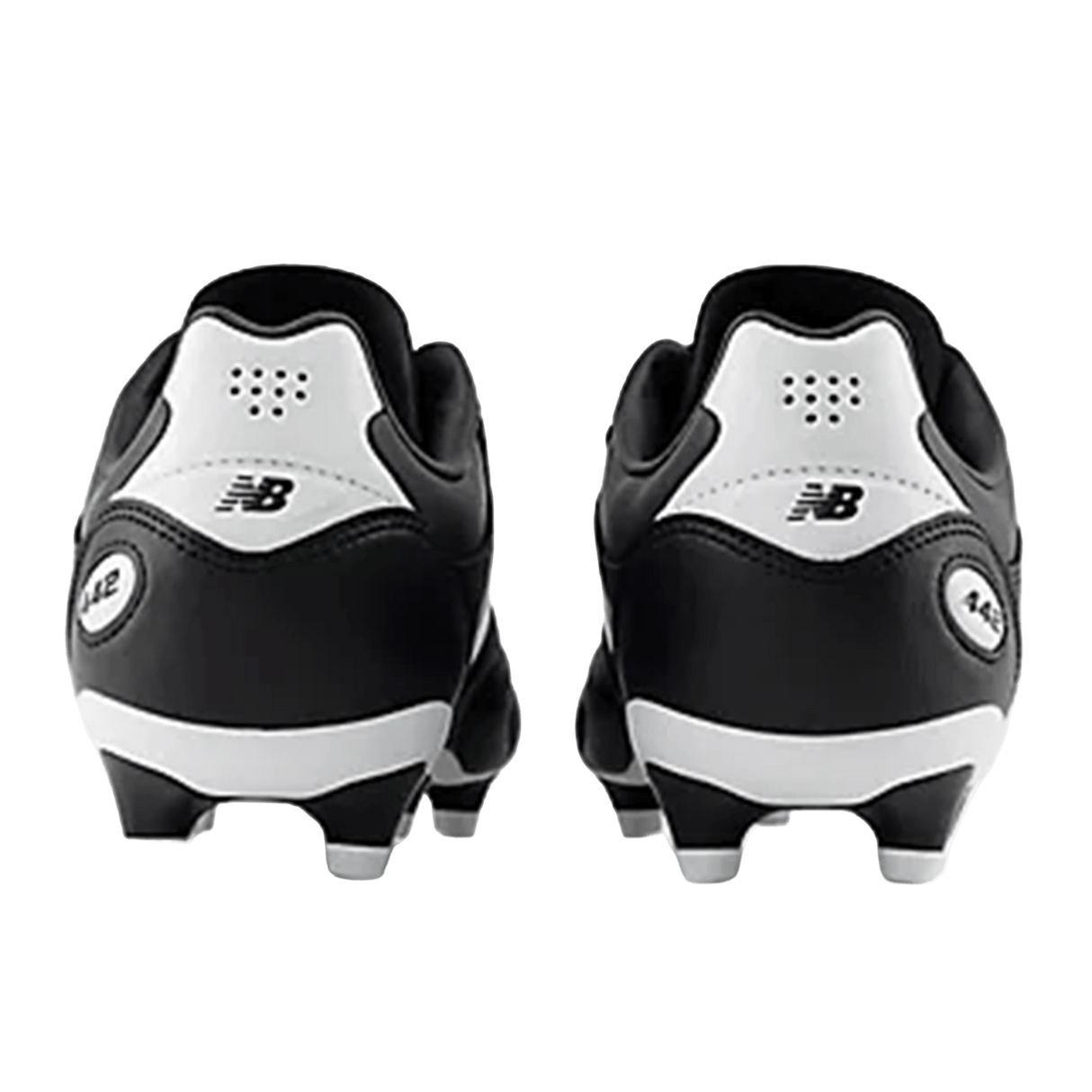 Back view of New Balance 442 Pro FG v3 soccer cleats in black/white, showing the heel and studded sole details designed for firm ground play.