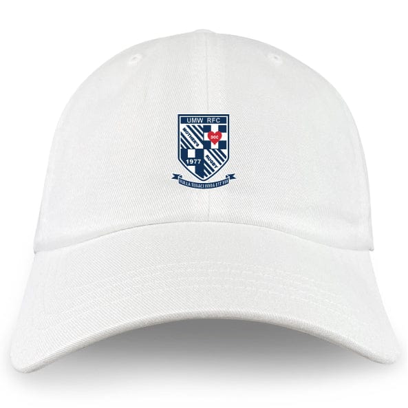 The EMB S&S Activewear University of Mary Washington Adult Low-Profile Cotton Twill Dad Cap features the UMW RFC crest in blue and red, "1977," and a ribbon with text embroidered on the front.