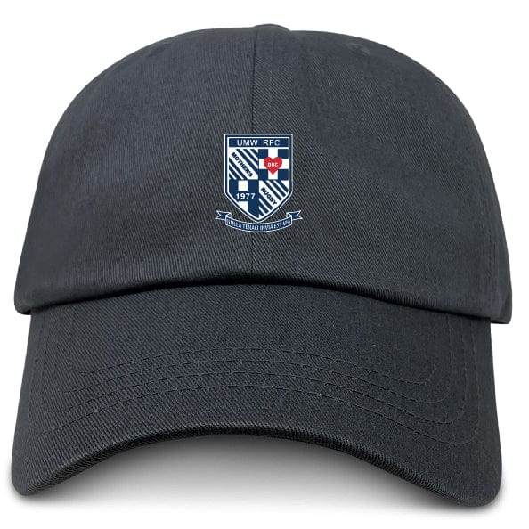 The EMB S&S Activewear University of Mary Washington Adult Low-Profile Cotton Twill Dad Cap features team embroidery with the UMW RFC crest in blue, white, and red, plus "ESTABLISHED 1977" text.
