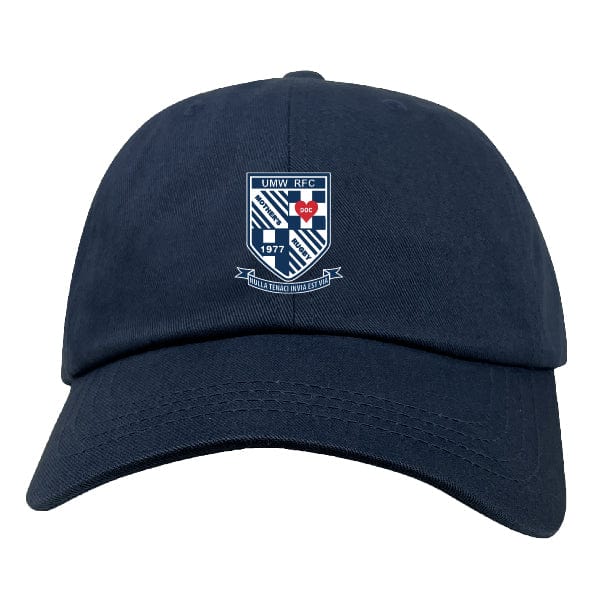 The EMB S&S Activewear University of Mary Washington Adult Low-Profile Cotton Twill Dad Cap features the UMW RFC logo and crest, with embroidered team branding on the front panel in navy blue.