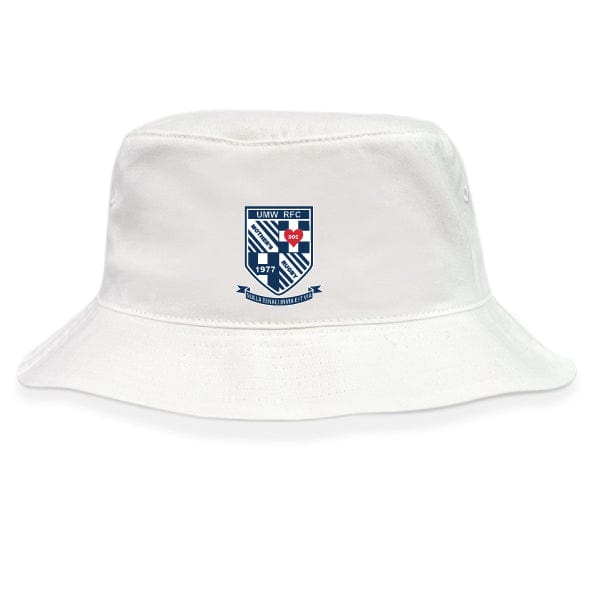 The University of Mary Washington Crusher Bucket Cap by EMB S&S Activewear is a white cotton twill hat with a blue and white embroidered "UMW RFC" and "1977" crest on the front, combining stylish sun protection and school spirit.