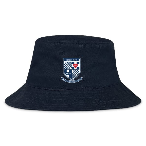 The EMB S&S Activewear University of Mary Washington Crusher Bucket Cap features a navy blue cotton twill design with an embroidered UWAV RFC crest, providing comfortable sun protection.