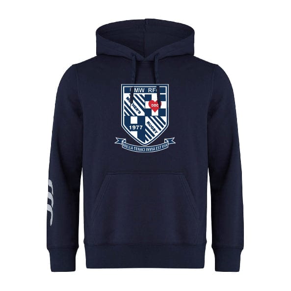 The University of Mary Washington Club Hoodie by WRS Canterbury is a navy blue hoodie adorned with a shield emblem featuring various symbols and the text "MW RF 1977." The left sleeve showcases three white horizontal stripes, and it is crafted from comfortable sweatshirt fleece.