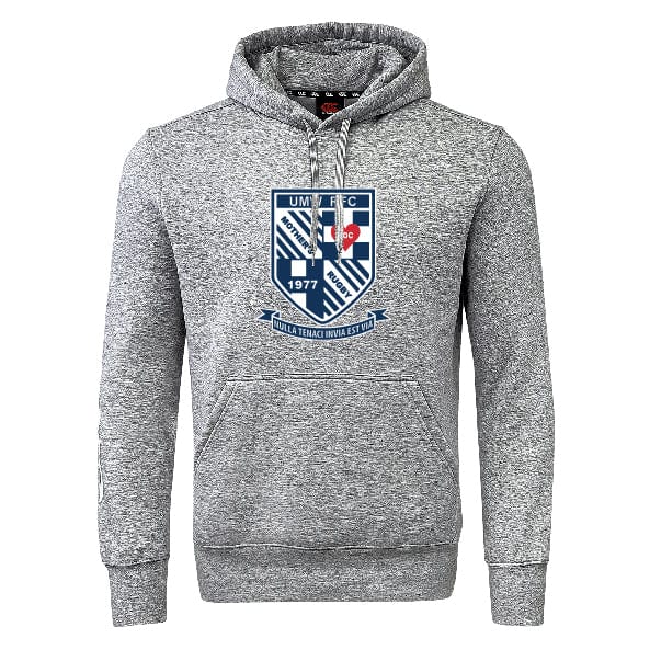 The University of Mary Washington Club Hoodie by WRS Canterbury is a gray sweatshirt fleece hoodie with a blue and white shield logo on the front, featuring text in Latin.
