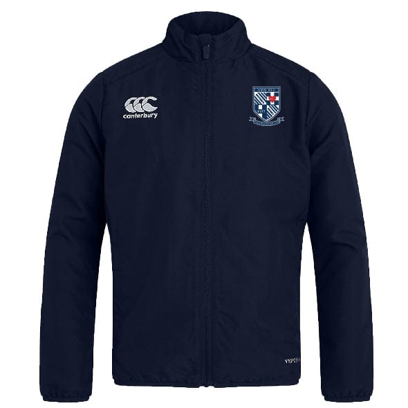 The University of Mary Washington Club Track Jacket by EMB Canterbury features a high neck, front zipper, and two logos on the chest. This navy blue jacket showcases modern paneling and a stylish crest on the right, making it as lightweight and durable as it is fashionable.