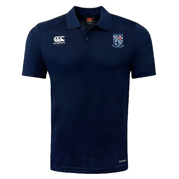 The University of Mary Washington Club Dry Polo by Canterbury in navy blue features a small embroidered logo on the left chest, another logo on the right chest, and a collar with buttons. Enhanced with Vapodri Technology for breathable comfort.