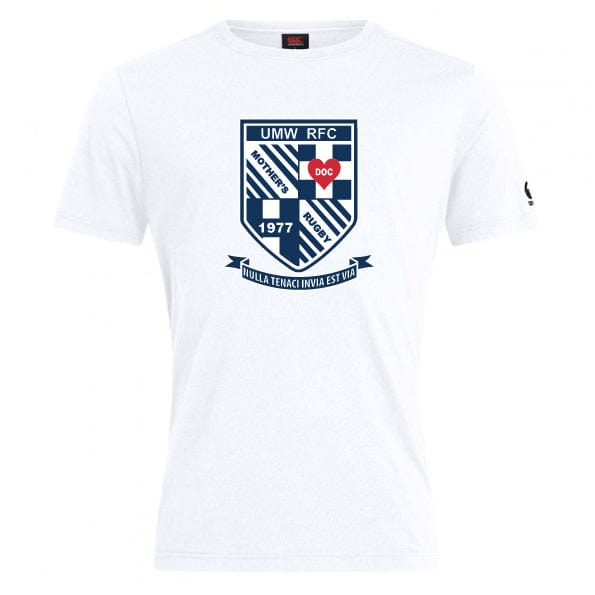 A University of Mary Washington Club Plain Tee by Canterbury, made from a premium cotton-heavy blend. It features a blue and white shield emblem with "UMW RFC," "DOC," and "1977" written on it. The emblem includes a banner displaying the Latin phrase "Nulla Tenaci Invia Est Via." Customizable for any occasion.