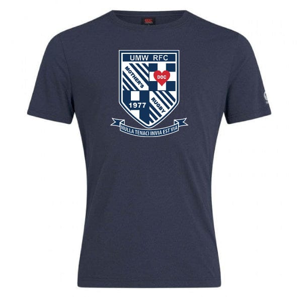 A navy blue, premium cotton-heavy blend T-shirt featuring a rugby club logo that includes the text "UMW RFC," "1977," a shield design, and the Latin motto "NULLA TENACI INVIA EST VIA." This University of Mary Washington Club Plain Tee by WRS Canterbury is customizable for team members.