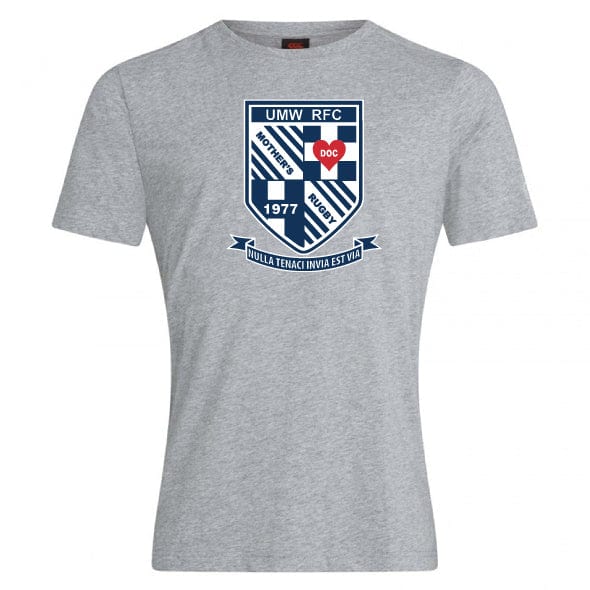 The University of Mary Washington Club Plain Tee by Canterbury, made from a premium cotton-heavy blend and featuring the UMW RFC logo with a shield design, the text "DO or DIE," "NULLA TENACI INVIA EST VIA," and the year 1977, offers both style and customization. This grey T-shirt is crafted by WRS Canterbury.