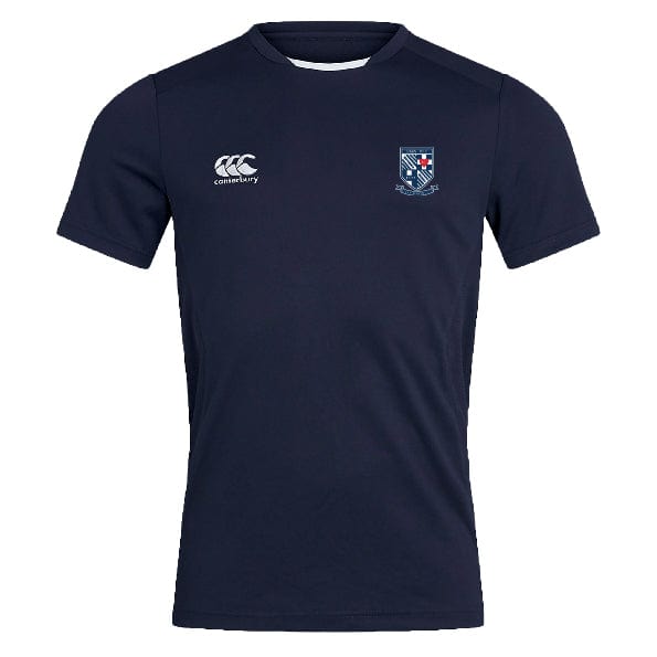 The University of Mary Washington Club Dry Tee by EMB Canterbury is a navy blue short-sleeved sports shirt, showcasing a logo on the left chest and a "Canterbury" logo on the right chest, crafted with breathable, quick-drying Vapodri Technology.