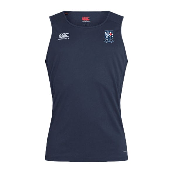 The University of Mary Washington Club Dry Singlet by EMB Canterbury is a navy blue sleeveless sports jersey featuring Vapodri Technology. It includes a white Canterbury logo on the right chest and a team crest on the left chest, making it the perfect athletic gear for peak performance.