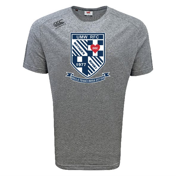The University of Mary Washington Tempo Vapodri T-Shirt by WRS Canterbury is a gray sports tee featuring the UMW RFC logo with a shield, the words "Northern" and "Dolce" separated by a heart, and the year 1977. This moisture-wicking t-shirt includes a Latin motto at the bottom reading "Nulla Tenaci Invia Est Via," and showcases VapoDri technology for ultimate comfort.