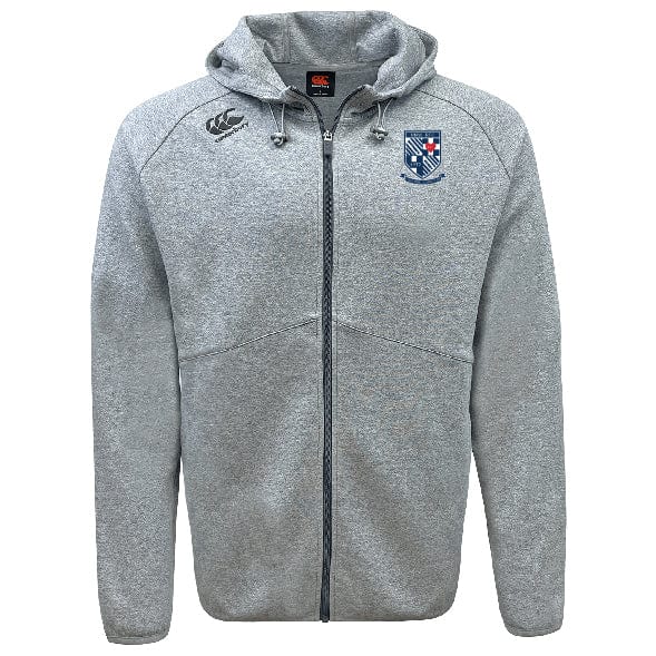 The University of Mary Washington Tempo VapoDri Full-Zip Hoodie by Canterbury is a grey zip-up hoodie with a hood and drawstrings. It features a sports logo on the left chest, Canterbury branding on the right shoulder, and moisture-wicking fabric to keep you dry and comfortable.