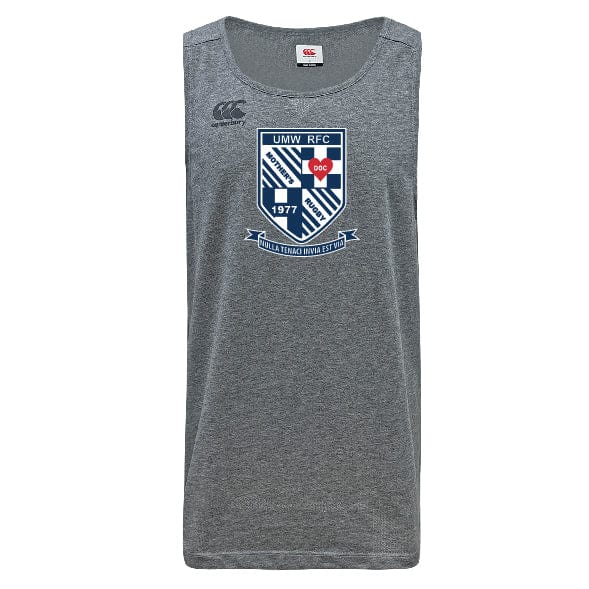 The University of Mary Washington Tempo Vapodri Singlet by WRS Canterbury is a gray sleeveless sports top featuring Canterbury branding, a logo with "UMW RFC" text, the year "1977," and a motto on a banner at the bottom. This top, made from recycled polyester with VapoDri technology, has a round neck.
