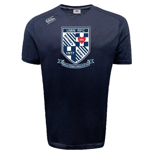 Introducing the University of Mary Washington Tempo Vapodri T-Shirt by WRS Canterbury in navy blue, showcasing the UMW RFC logo and designs on the front. This sports tee is crafted with VapoDri technology to ensure moisture-wicking comfort during intense games.