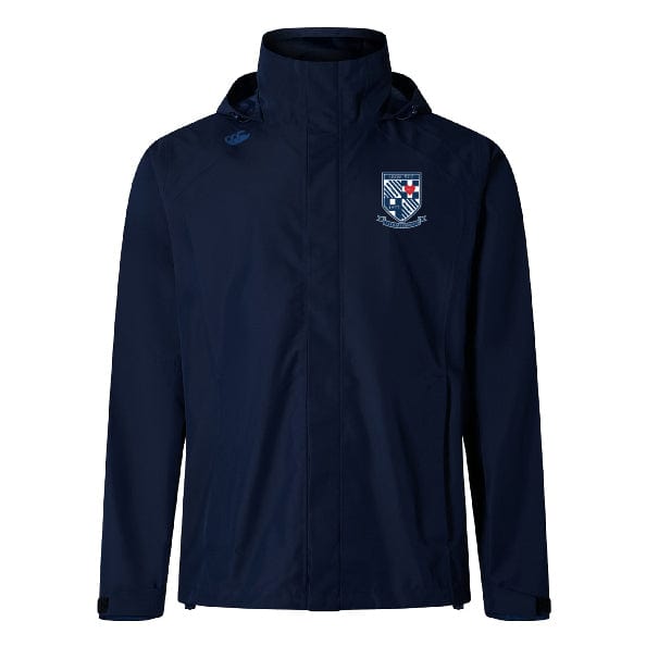 The University of Mary Washington Elite Storm Jacket by EMB Canterbury, in navy blue, features a high collar and hood, along with an embroidered shield logo adorned with various symbols on the left chest. It showcases Vaposhield Performance for enhanced breathability.