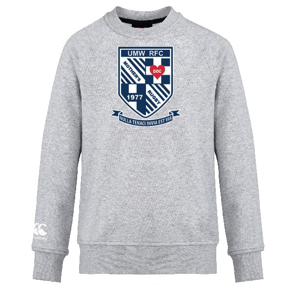 The University of Mary Washington Club Crew Sweatshirt by Canterbury, crafted by WRS Canterbury, features a grey long-sleeve design with an embroidered CCC logo. The center displays a shield design with various symbols, "UMW RFC," an establishment date of 1977, and a motto beneath it. Made from ultra-soft fabric, it ensures maximum comfort.
