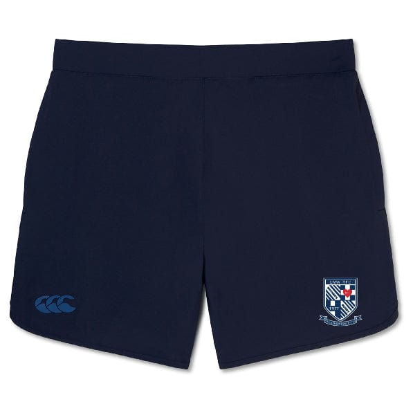 The University of Mary Washington Elite Woven Short by Canterbury, from EMB Canterbury, features an embroidered crest on the right leg, a logo on the left leg, and zippered pockets for secure storage. Its navy blue color and lightweight comfort make these shorts perfect for any activity.