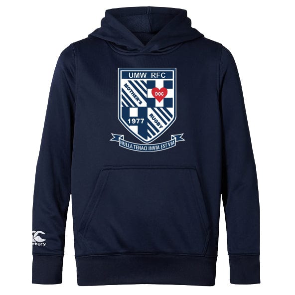 The University of Mary Washington Club Lightweight Hoodie by Canterbury, presented by WRS Canterbury, is a navy blue polyester hoodie featuring the UMW RFC logo on the front with the text "1977" and "Nulla Tenaci Invia Est Via." The logo includes a red heart and white cross. This lightweight hoodie also has an embroidered CCC logo on the sleeve.